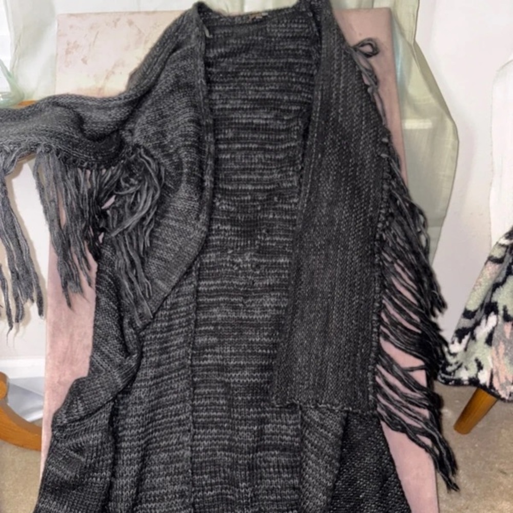 Copper Key Charcoal Fringe Open-Front Knit Cardigan